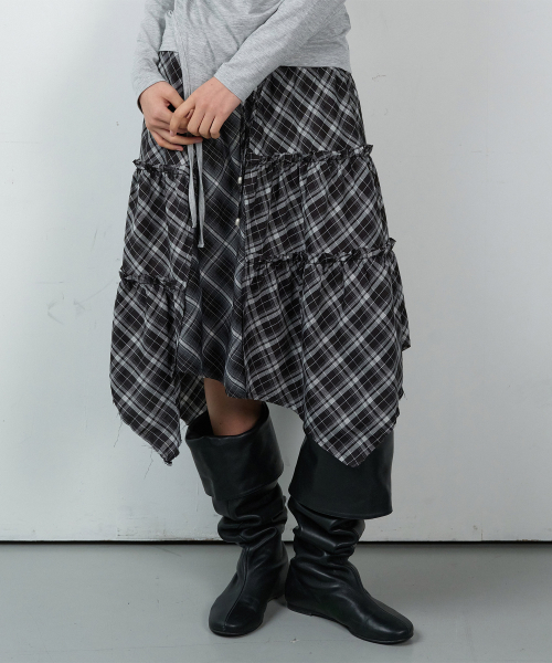 UNBALANCE LAYERED CHECK SKIRT (W) BLACK