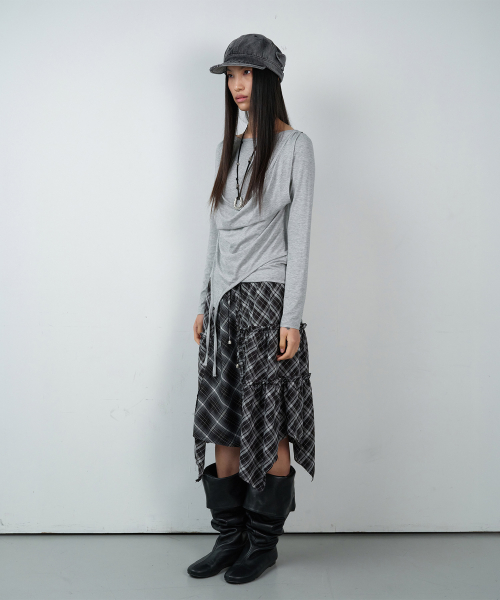 UNBALANCE LAYERED CHECK SKIRT (W) BLACK