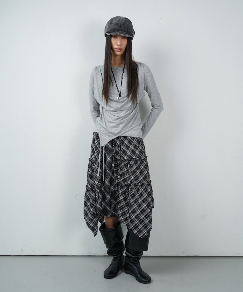 UNBALANCE LAYERED CHECK SKIRT (W) BLACK