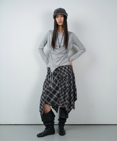 UNBALANCE LAYERED CHECK SKIRT (W) BLACK