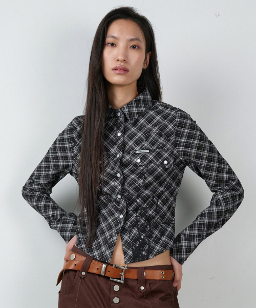 PAINTING CROP CHECK SHIRTS(W) BLACK