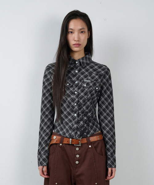 PAINTING CROP CHECK SHIRTS(W) BLACK