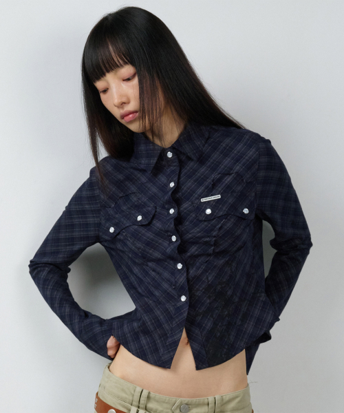 PAINTING CROP CHECK SHIRTS(W) NAVY
