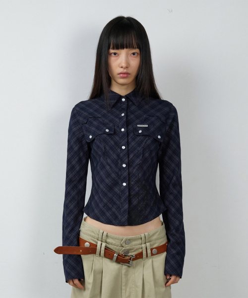 PAINTING CROP CHECK SHIRTS(W) NAVY