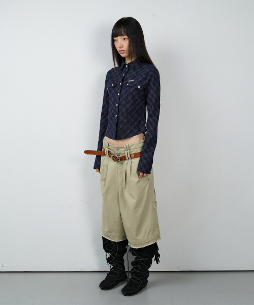 PAINTING CROP CHECK SHIRTS(W) NAVY