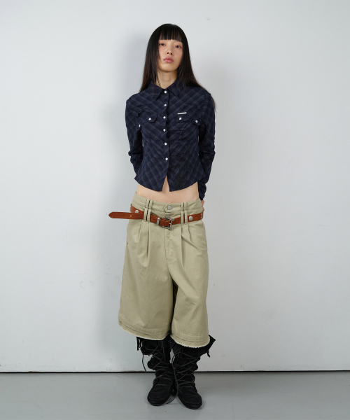PAINTING CROP CHECK SHIRTS(W) NAVY