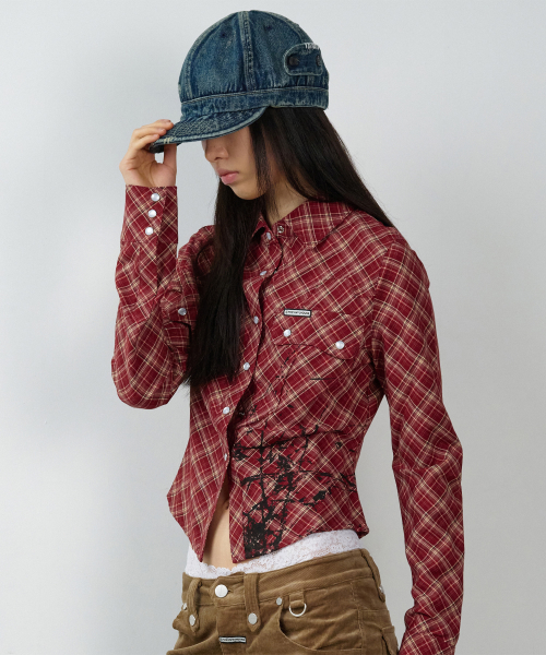 PAINTING CROP CHECK SHIRTS(W) RED