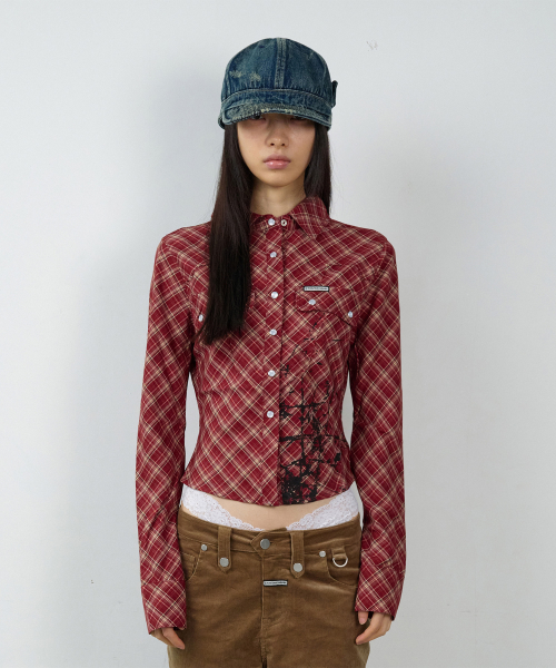 PAINTING CROP CHECK SHIRTS(W) RED