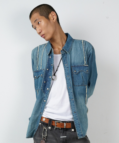 DOUBLE PLACKETS DENIM SHIRTS BLUE