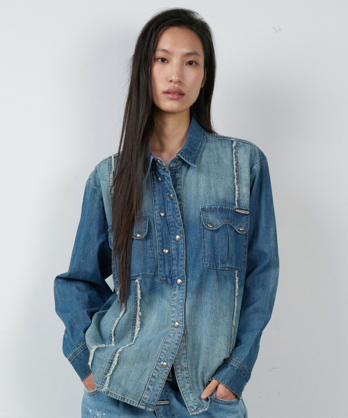 DOUBLE PLACKETS DENIM SHIRTS BLUE