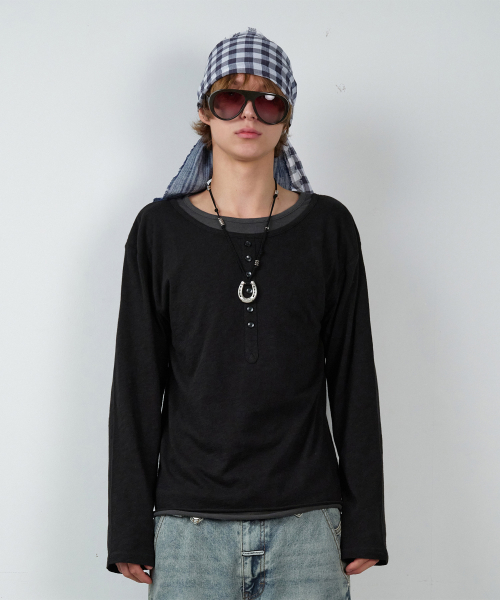 BUTTON LAYERED LS TEE BLACK