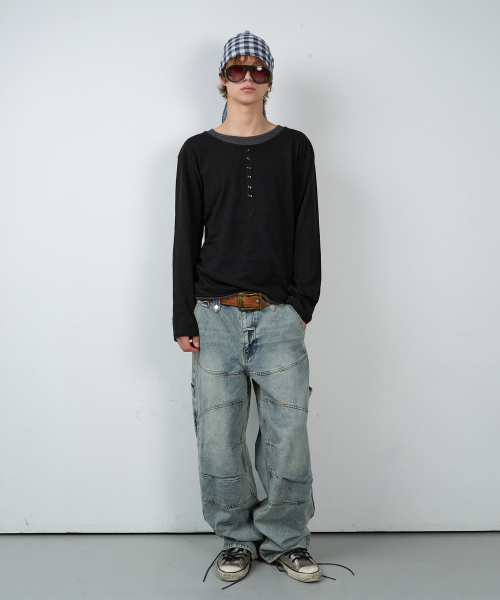 BUTTON LAYERED LS TEE BLACK