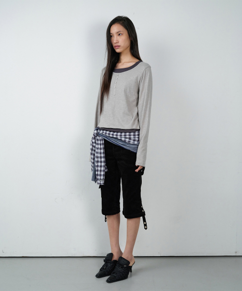 BUTTON LAYERED LS TEE GREY