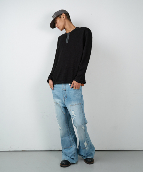 WAFFLE DETAIL LS TEE BLACK