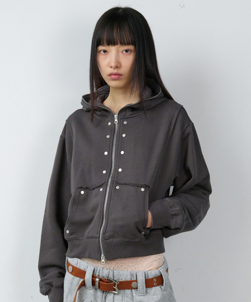 STUDDED FULL ZIP-UP HOODIE (W) CHARCOAL