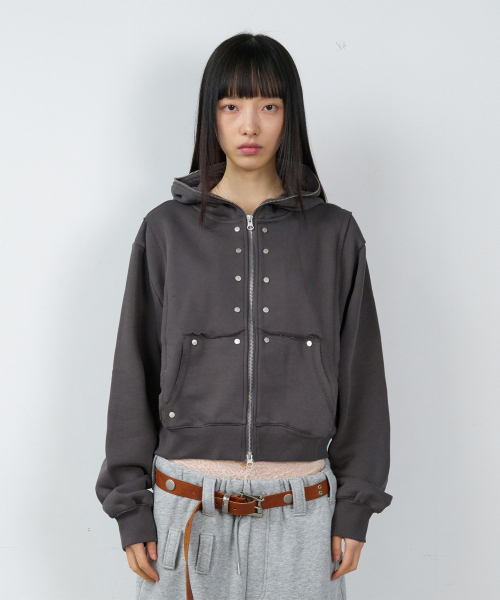 STUDDED FULL ZIP-UP HOODIE (W) CHARCOAL