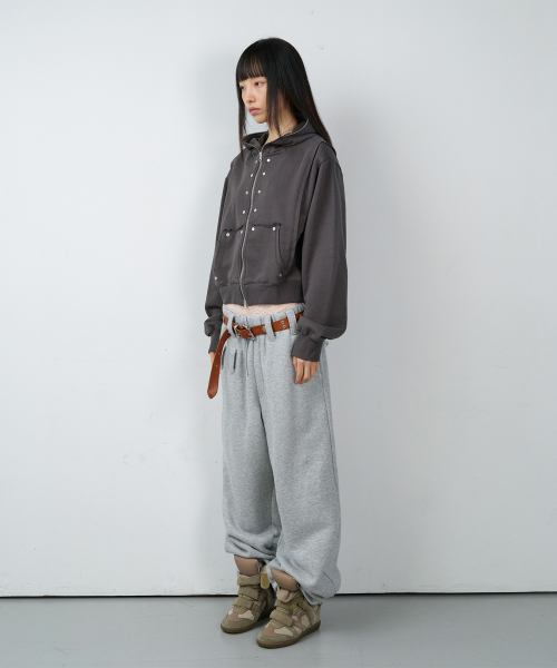 STUDDED FULL ZIP-UP HOODIE (W) CHARCOAL