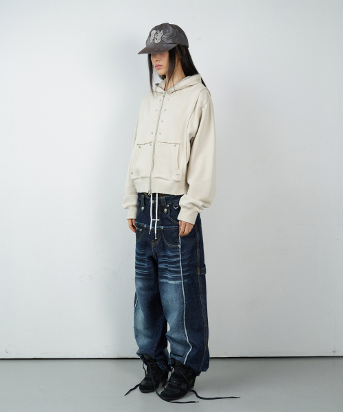 STUDDED FULL ZIP-UP HOODIE (W) BEIGE