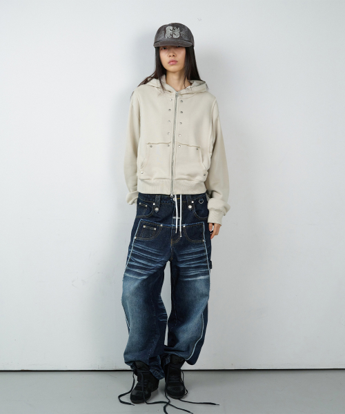 STUDDED FULL ZIP-UP HOODIE (W) BEIGE