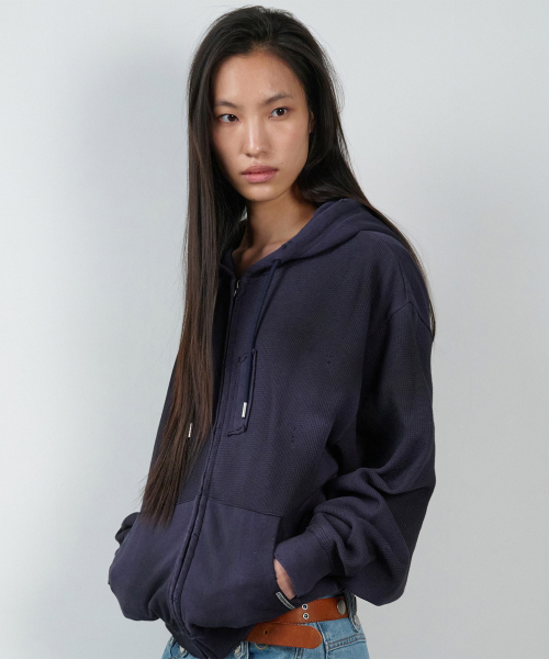 WAFFLE MIXED HOODIE ZIP-UP NAVY