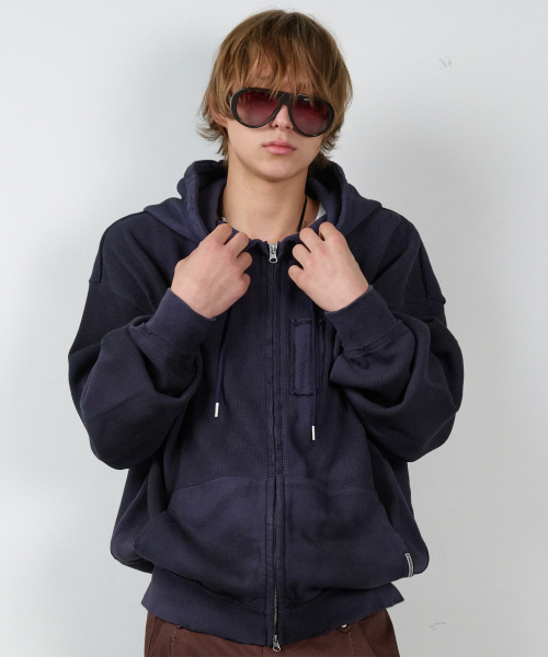 WAFFLE MIXED HOODIE ZIP-UP NAVY