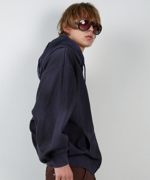 WAFFLE MIXED HOODIE ZIP-UP NAVY