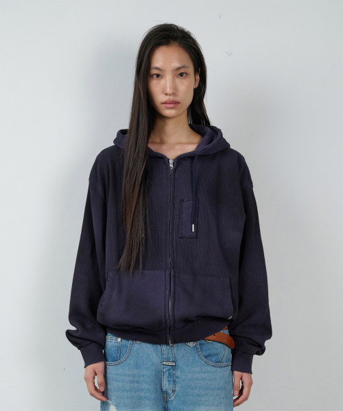 WAFFLE MIXED HOODIE ZIP-UP NAVY