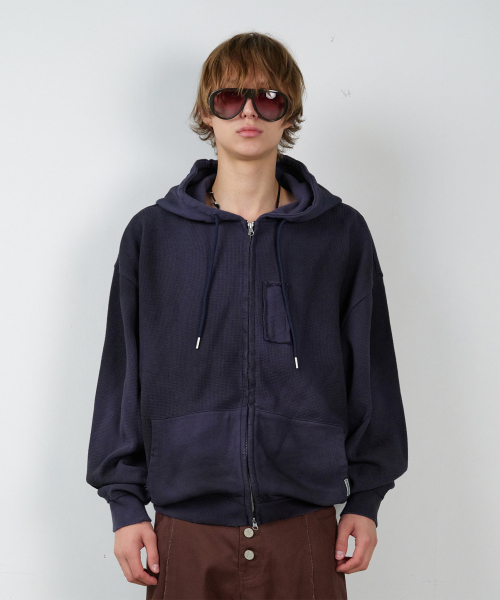 WAFFLE MIXED HOODIE ZIP-UP NAVY