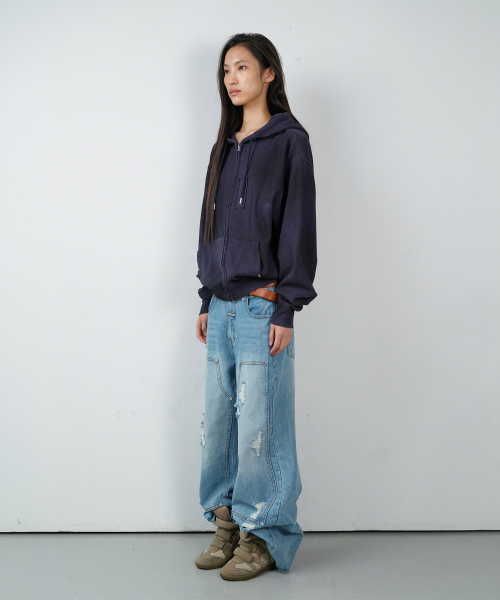 WAFFLE MIXED HOODIE ZIP-UP NAVY