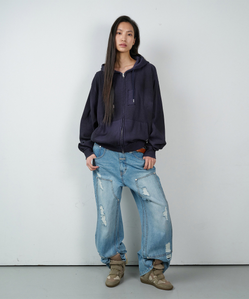 WAFFLE MIXED HOODIE ZIP-UP NAVY