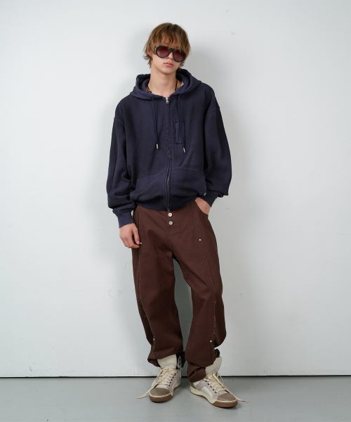 WAFFLE MIXED HOODIE ZIP-UP NAVY