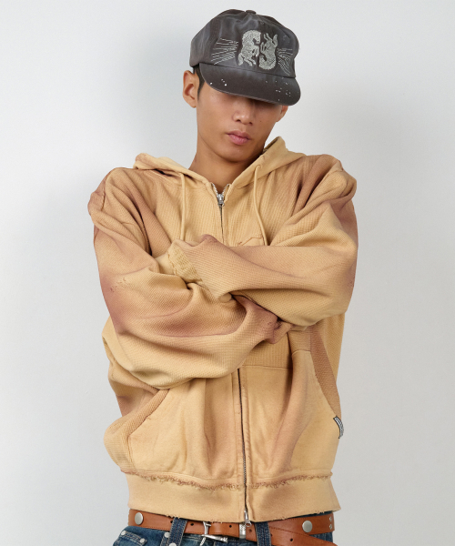 WAFFLE MIXED HOODIE ZIP-UP SAND