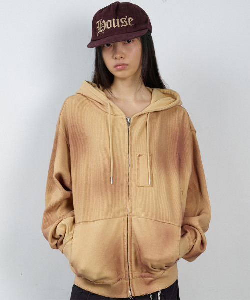 WAFFLE MIXED HOODIE ZIP-UP SAND