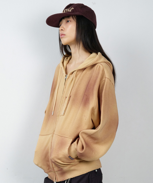 WAFFLE MIXED HOODIE ZIP-UP SAND