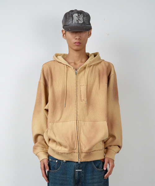 WAFFLE MIXED HOODIE ZIP-UP SAND