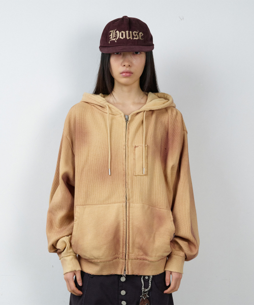 WAFFLE MIXED HOODIE ZIP-UP SAND