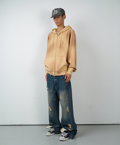 WAFFLE MIXED HOODIE ZIP-UP SAND