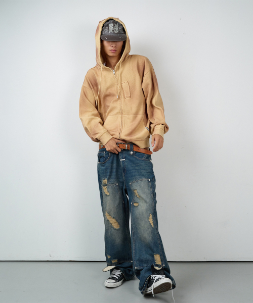 WAFFLE MIXED HOODIE ZIP-UP SAND