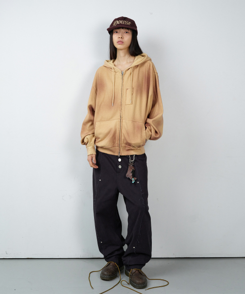 WAFFLE MIXED HOODIE ZIP-UP SAND