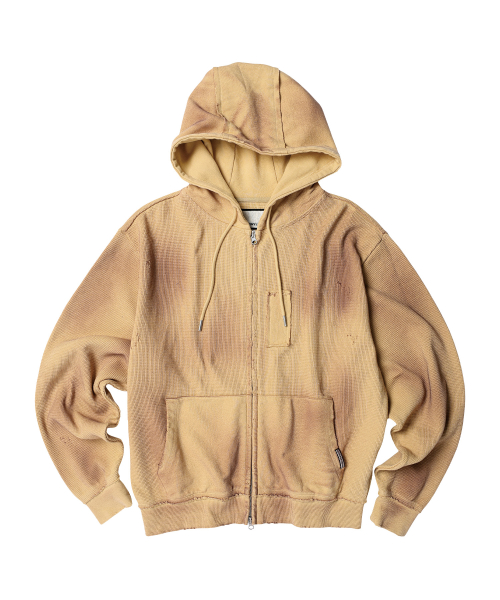 WAFFLE MIXED HOODIE ZIP-UP SAND
