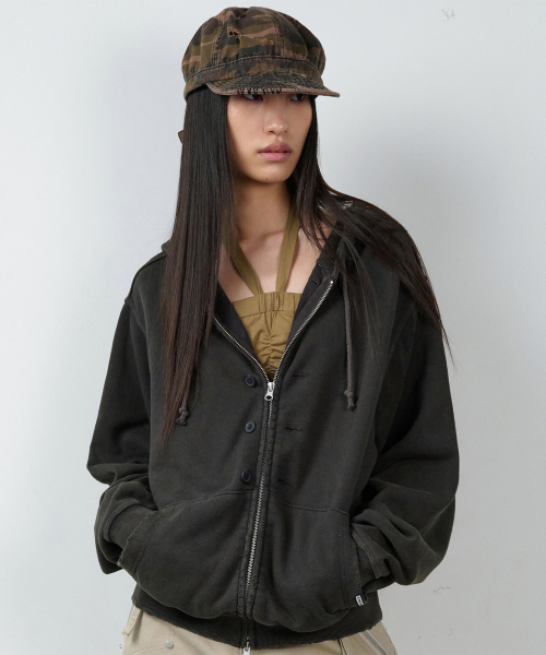 BUTTON WASHED HOODIE ZIP-UP CHARCOAL