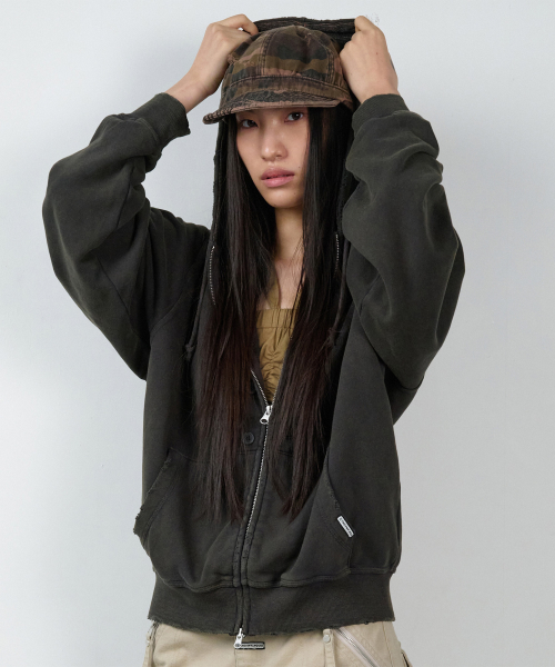 BUTTON WASHED HOODIE ZIP-UP CHARCOAL