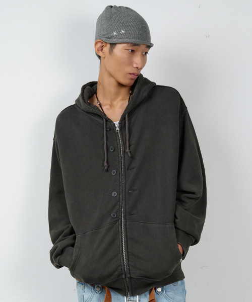 BUTTON WASHED HOODIE ZIP-UP CHARCOAL