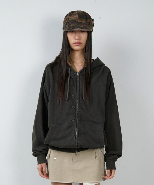BUTTON WASHED HOODIE ZIP-UP CHARCOAL