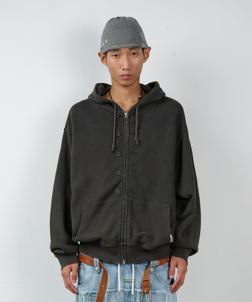 BUTTON WASHED HOODIE ZIP-UP CHARCOAL