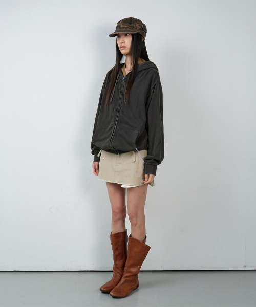 BUTTON WASHED HOODIE ZIP-UP CHARCOAL