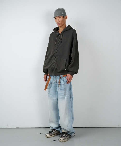 BUTTON WASHED HOODIE ZIP-UP CHARCOAL