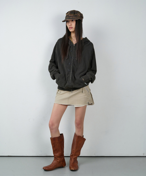 BUTTON WASHED HOODIE ZIP-UP CHARCOAL