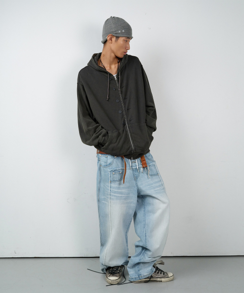 BUTTON WASHED HOODIE ZIP-UP CHARCOAL