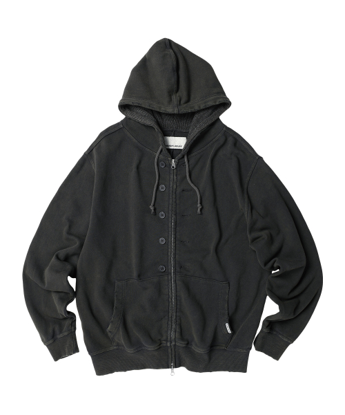 BUTTON WASHED HOODIE ZIP-UP CHARCOAL